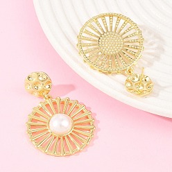 Настоящее золото 18K Плоские круглые серьги-гвоздики из латуни и АБС-пластика с имитацией жемчуга., долговечный, без свинца и без кадмия, реальный 18 k позолоченный, 45x30 мм