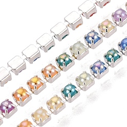 Colorido Cadenas de tenis de imitación de perlas de hierro y plástico ABS, plaza, arco iris chapado, con carrete, plata, colorido, 2x2x2 mm, sobre 10 yardas / rodillo