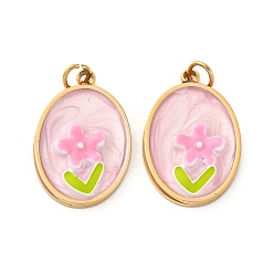 Pink 304 нержавеющей стальной эмали подвески, с соединительным кольцом и стразами, ионное покрытие (ip), овал с цветочной подвеской, реальный 18 k позолоченный, розовые, 18x14x2.5 мм, отверстие : 2.5 мм