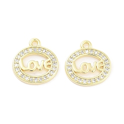 Настоящее золото 18K Латунные микропаве прозрачные подвески с фианитом, овальные с любовью, реальный 18 k позолоченный, 12x12x1 мм, отверстие : 1.2 мм