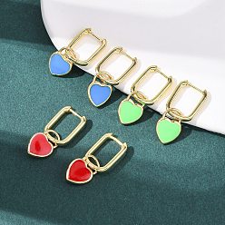 (52) Непрозрачная лаванда Латунные серьги-кольца в форме сердца, с эмалью, реальный 18 k позолоченный, стойки покрытие, долговечный, без кадмия и без свинца, разноцветные, 26x9.5x11.5 мм