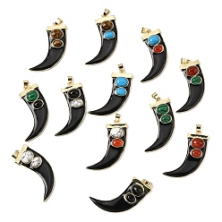 Черный Природные и синтетические смешанные подвески драгоценных камней, латунные эмалированные подвески в виде рога, реальный 18 k позолоченный, долговечный, стойки покрытие, без свинца и без кадмия, смешанные окрашенные и неокрашенные, чёрные, 43x35x6.5 мм, отверстие : 4x3 мм