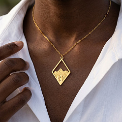 Golden 304 Stainless Steel Hollow Rhombus with Mountain Pendant Necklaces for Women, Golden, 15.75 inch(40cm)