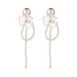 White Flower with Shell Pearl Dangle Stud Earring, Brass Drop Earrings for Women, White, 90mm, Pin: 0.9mm