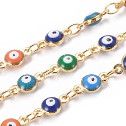 Mixed Color Handmade Enamel Beaded Chains, with Brass Chains, with Spool, Soldered, Flat Round with Evil Eye, Golden, Mixed Color, 4.5mm, Link: 9x4.5x3mm and 3.5~4x2.5x0.4mm, about 32.8 Feet(10m)/roll