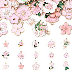Pink 30 шт 15 стили подвески из сплава эмали, цветок, розовые, 13~24.5x11.5~20.5x1~3 мм, отверстие : 1.2~2 мм, 2 шт / стиль
