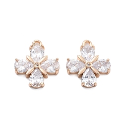 Настоящее золото 18K Латунные подвески, цветок подвески, со стеклом, реальный 18 k позолоченный, 18.5x16x4 мм, отверстие : 1.6 мм