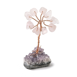 Розовый Кварц Крошка из натурального розового кварца украшение дерево жизни, аметистовая основа с медной проволокой, фен-шуй энергетический камень подарок для домашнего офиса украшение рабочего стола, 18.5~24.5x25~33x49~61 мм