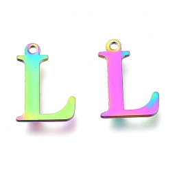 Letter L Ионное покрытие (ip) 304 брелоки из нержавеющей стали, лазерная резка, алфавит, Радуга цветов, letter.l, 12x8.5x0.8 мм, отверстие : 1 мм