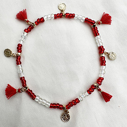 Темно-Красный Браслеты на ногу из пластика с кисточками, украшенные бисером и сплавом в стиле бохо, античное золото , темно-красный, 9-1/2 дюйм (240 мм)