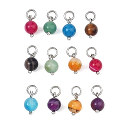 Stainless Steel Color Natural Striped Agate/Banded Agate Pendants, Round Charms, with 304 Stainless Steel Jump Rings, Stainless Steel Color, 10x6mm, Jump Rings: 5x0.8mm, Inner Diameter: 3.5mm
