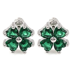Темно-Зеленый Серьги-гвоздики клевер с кубическим цирконием, стеллаж для латунных украшений для женщин, платина, темно-зеленый, 10x10 мм
