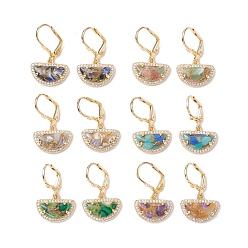 Mixed Color Brass Micro Pave Cubic Zirconia Leverback Earring, with Glass Finding, Half Round, Mixed Color, 30x17mm