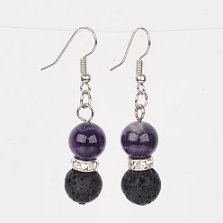 Amethyst Natural Lava Rock Dangle Earrings, with Amethyst Beads, Brass Rhinestone Findings and Earring Hooks, 47mm, Pin: 0.6mm