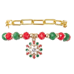 Снежинка 2 шт. 2 стили браслеты с подвесками из сплава и эмали на рождественскую тематику и наборы железных браслетов-цепочек со скрепками, со стеклянными бусинами, снежинка, 7-1/2~7-3/4 дюйм (19.2~19.6 см)