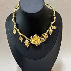 Golden Alloy Crystal Rhinestone & Resin Gold Evil Eye Rose Flower Hinged Open Cuff Choker Necklaces for Women, Golden, 11.81~15.75 inch(30~40cm)