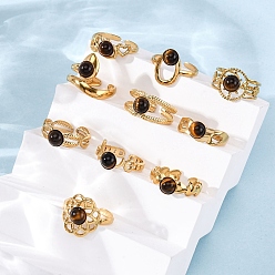 Тигровый глаз 304 регулируемые открытые манжеты из нержавеющей стали, круглые кольца из натурального тигрового глаза для женщин, ионное покрытие (ip), реальный 18 k позолоченный, 6.5~15.5 мм, внутренний диаметр: регулируемый