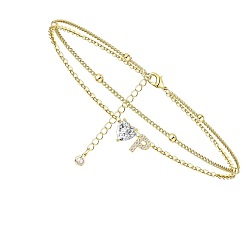 Letter P Двухслойные браслеты на ногу с подвесками в виде сердца и буквы из латуни и кристаллов горного хрусталя, золотые, Письмо P, 8-5/8 дюйм (220 мм)