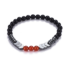Красный Агат Эластичные браслеты из натурального черного агата (окрашенного) и сердолика (окрашенного и нагретого), с немагнитных синтетическими гематита бисера, 2 дюйм (5.2 см)