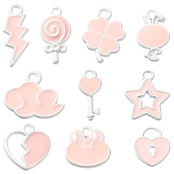 Pink 10Pcs 10 Style Spray Painted Alloy Enamel Pendants, Mixed Shape, Pink, 12.5~20.5x7~18.2x1.5~2mm, Hole: 1.6~4mm, 1pc/style