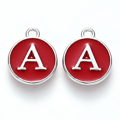 Dark Red Initial Letter A~Z Alphabet Enamel Charms, Flat Round Disc Double Sided Charms, Platinum Plated Enamelled Sequins Alloy Charms, Dark Red, 14x12x2mm, Hole: 1.5mm, 26pcs/set