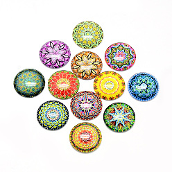Mixed Color Printed Glass Flat Back Cabochons, Dome/Half Round, Geometric Flower Theme, Mixed Color, 25x6.5mm