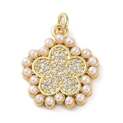 Flower Brass Micro Pave Clear Cubic Zirconia Pendants, with ABS Imitation Pearl, Real 18K Gold Plated, Flower, 17x15x3mm, Hole: 1.6mm