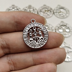 Близнецы Подвески из сплава со стразами на тему созвездий, плоские круглые прелести, серебряные, Близнецы, 24x21 мм