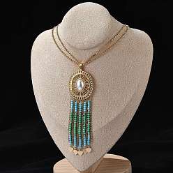 Зеленый Богемный 304 ожерелья из нержавеющей стали и искусственного жемчуга с овальными подвесками, стеклянные бусины кисточки ожерелья для женщин, реальный 18 k позолоченный, зелёные, 27.80 дюйм (70.6 см)