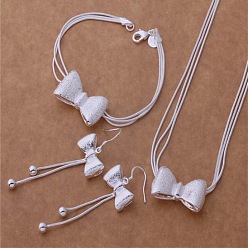 Bowknot Латунное ожерелье с подвеской, серьга-гвоздик и кольцо, 925 серебро покрытием, бантом, 450мм и 200мм и 68x20мм