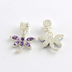 Фиолетовый Сплав горный хрусталь стрекоза европейские подвески с подвесками, серебряные, фиолетовые, 28 мм, отверстие : 4.5 мм