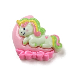 Бледно-Розовый Непрозрачная смола декодирует кабошоны, мультяшная лошадь с луной, розовый жемчуг, 25x27x9 мм