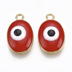Red Alloy Pendants, with Enamel, Oval with Evil Eye, Light Gold, Red, 18.5x11.5x4~5mm, Hole: 2mm