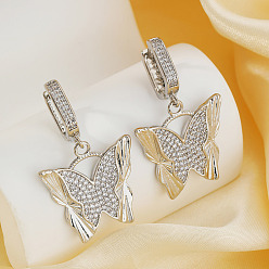 Серебро Модные серьги-кольца с бабочками из латуни с прозрачным кубическим цирконием, серебряные, 39x24 мм