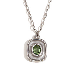 Stainless Steel Color Brass Pave Green Cubic Zirconia Pendant 304 Stainless Steel Paperclip Chain Necklaces, Rectangle, Stainless Steel Color, 15.75 inch(40cm)