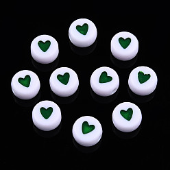 Dark Green Opaque Acrylic Beads, with Enamel, Flat Round with Heart, Dark Green, 7x3.5mm, Hole: 1.2mm, about 3600~3700pcs/500g