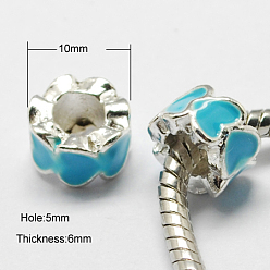 Темно-Голубой Эмали сплава Европейский бисером, бусины с большим отверстием, колонка, серебряный цвет гальваническим, глубокое синее небо, 10x6 мм, отверстие : 5 мм