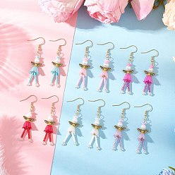 (52) Непрозрачная лаванда Angell 304 серьги-подвески из нержавеющей стали и стеклянных бусин, с латунными колпачками для бусин в виде цветка, бусинами из сплава в тибетском стиле, круглыми бусинами из стеклянного жемчуга и смолой, античное золото , разноцветные, 59x13 мм, 6 пар / набор