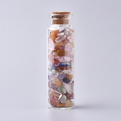 Mixed Stone Glass Wishing Bottle, For Pendant Decoration, with Gemstone Chip Beads Inside and Cork Stopper, 22x71mm