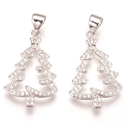 Платина Латунные микро проложить кубического циркония подвески, рождественская елка, прозрачные, платина, 23x15x2 мм, отверстие : 3.5x5 мм