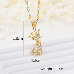 Letter J Латунные микропаве прозрачные кубические цирконии корона инициал кулон ожерелья, реальный 18 k позолоченный, буква J, 15.75 дюйм (40 см)