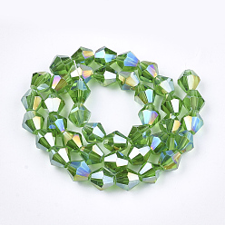 Lime Green Electroplate Glass Beads Strands, AB Color Plated, Faceted, Bicone, Lime Green, 6x5.5~6mm, Hole: 1mm, about 47~48pcs/strand, 10.83 inch(27.5cm)