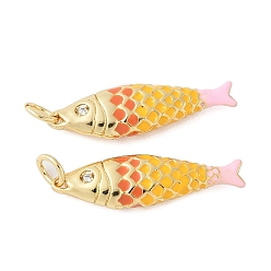 Золотистый Латунь эмаль подвески, с подвесками в форме рыбок из кубического циркония, стойки покрытие, без кадмия и без свинца, долговечный, реальный 18 k позолоченный, золотые, 25.5x7.5x3.8 мм, отверстие : 3.5 мм