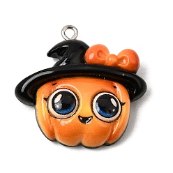 Pumpkin Halloween Printed Opaque Resin Pendants, with Platinum Iron Loops, Pumpkin Charm, 29x30x9mm, Hole: 2mm