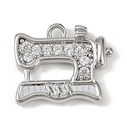 Платина Латунные микропаве прозрачные подвески с фианитом, без кадмия, без никеля и без свинца, швейная машина прелести, долговечный, платина, 11.5x13x2.5 мм, отверстие : 1.2 мм