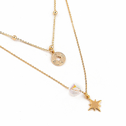 Golden Brass Double Layer Necklaces, with Cable Chains and K9 Glass Rhinestone Beads, Star & Compass, Golden, 14.96 inch(38cm)