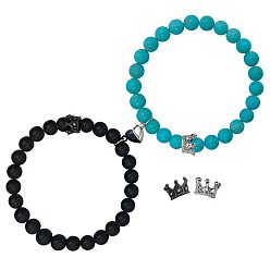 Смешанные камни 2 Комплект из нескольких браслетов из натурального черного матового камня и синтетических бирюзовых бусин, выполненных из эластичной ткани., Набор парных браслетов из магнитного сплава с подвесками в виде сердца и короны., 6.30 дюйм (16 см) ~ 7.09 дюйм (18 см)