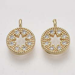 Real 18K Gold Plated Brass Micro Pave Cubic Zirconia Pendants, Flat Round, Clear, Nickel Free, Real 18K Gold Plated, 11x8x1.5mm, Hole: 1.2mm