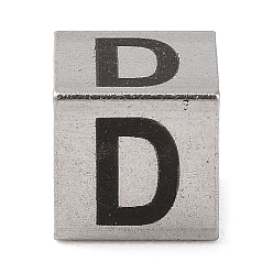 Letter D Устойчивые к потускнению 201 европейские бусины из нержавеющей стали, бусины с большим отверстием, куб с английской буквой, цвет нержавеющей стали, Буква D, 7x7x7 мм, отверстие : 5 мм