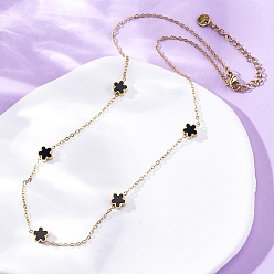 Настоящее золото 18K 304 ожерелья из нержавеющей стали и имитации черных ракушек в виде цветочных цепочек, ионное покрытие (ip), реальный 18 k позолоченный, 16.14 дюйм (41 см)